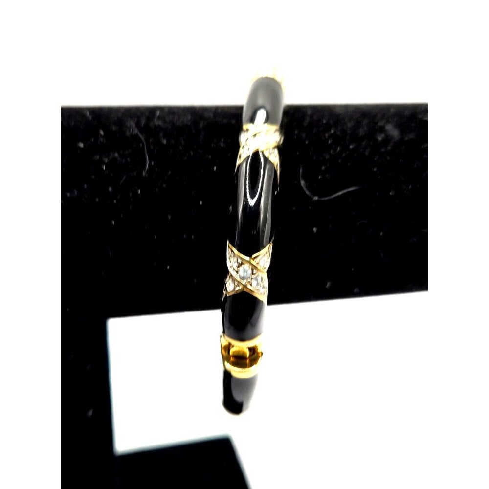 Vintage Hinged Cuff Bracelet Black Enamel Gold Tone Rhinestone Cross